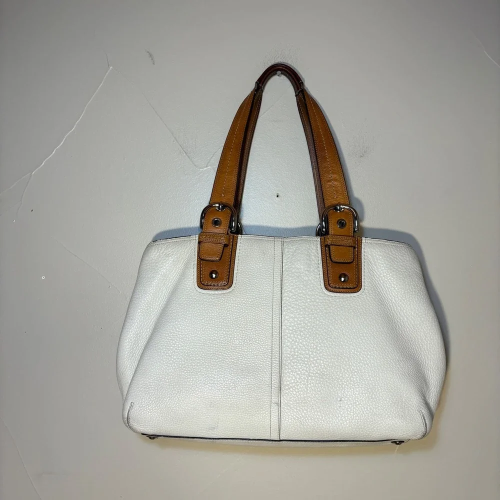 Coach White Pebbled Leather Soho Tote Bag‎ Tan Buckle Shoulder Bag Large Purse